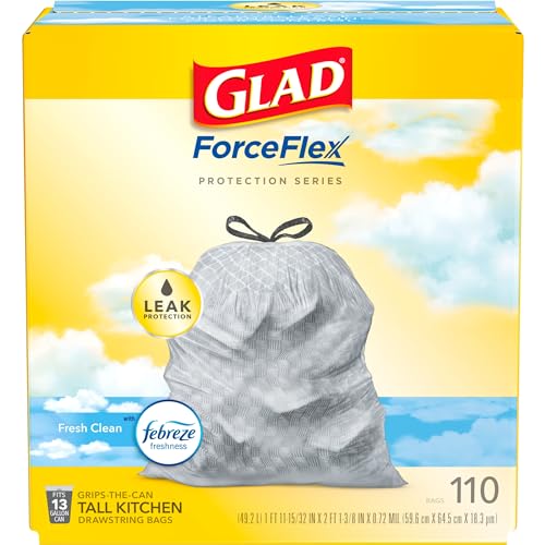 110 Ct Glad ForceFlex Tall Kitchen Drawstring Trash Bags: Price, Features, and Fresh Clean Scent with Febreze