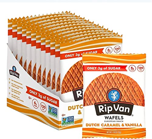 12-Pack of Rip Van WAFELS Dutch Caramel & Vanilla Stroopwafels: Healthy, Non-GMO, Low-Calorie Office Snacks (3g) - Keto Friendly! (Packaging May Vary)