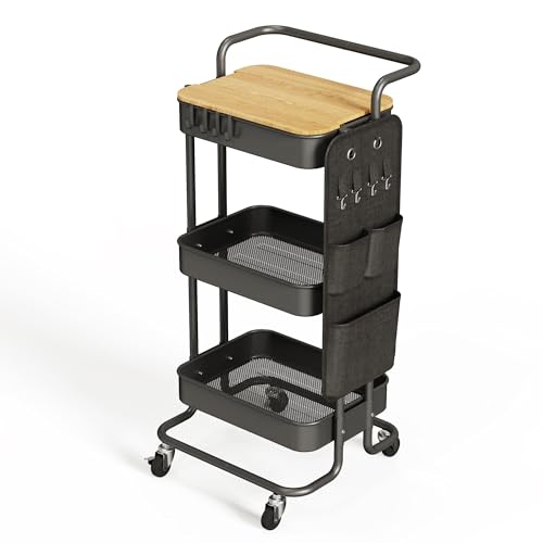 DTK 3 Tier Metal Utility Rolling Cart with Table Top and Side Bags: A Versatile Storage Solution for Kitchen, Bathroom, Office, and Living Room