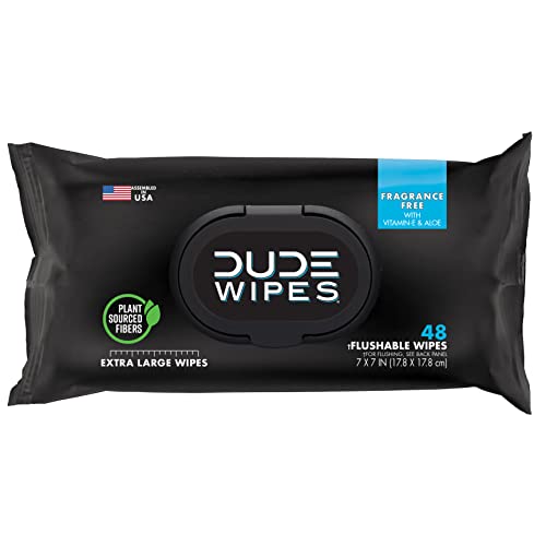 Dude Wipes: Unscented Flushable Wipes - 1 Pack, 48 Extra-Large Adult Wet Wipes with Vitamin-E & Aloe – Septic and Sewer Safe