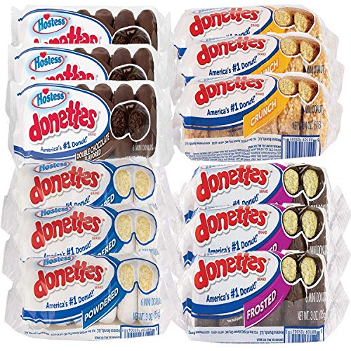 Hostess Donettes Variety Pack: Powdered, Frosted, Double Chocolate, and Crunch | 12 Packs (72 Donettes) - A Delectable Assortment for Donut Lovers!