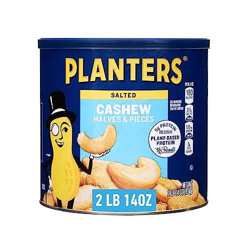 Planters Salted Cashew Halves & Pieces: The Ultimate Plant-Based Protein Party Snack in a 2lb 14oz Canister