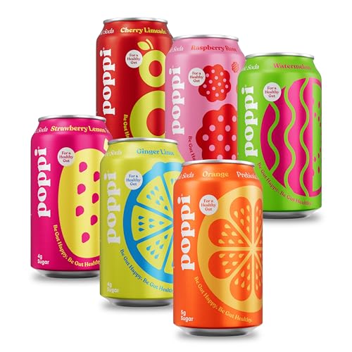 POPPI Sparkling Prebiotic Soda: Gut Health & Immunity Benefits, Low Calorie & Low Sugar Drinks in Fun Favs Variety Pack (12oz, 12 Pack)